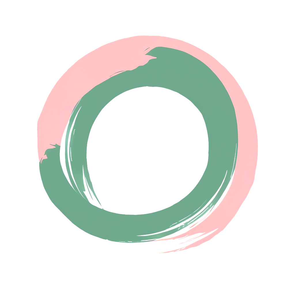 Circle painted with two brush strokes, one green, one pink, representing the spiritual practice of HarmonAI. Image created by Adobe Firefly and Freedom Baird